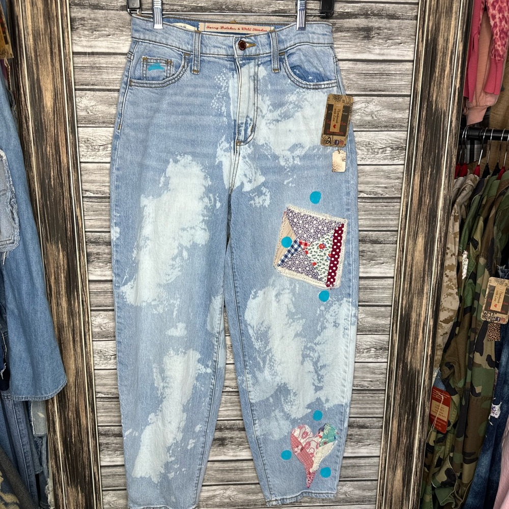 Artisan Handmade UpCycled Denim Balloon Barrel Jeans Vintage Quilt Hand Painted